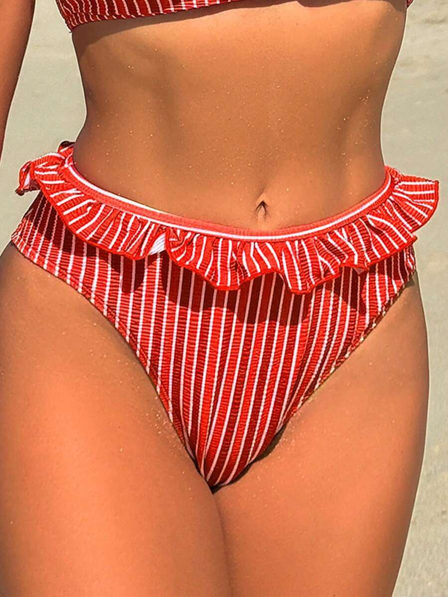 レディース 水着 ボトムス フリルトリミング入りレディースストライプビキニボトム、新年夏向け拍卖