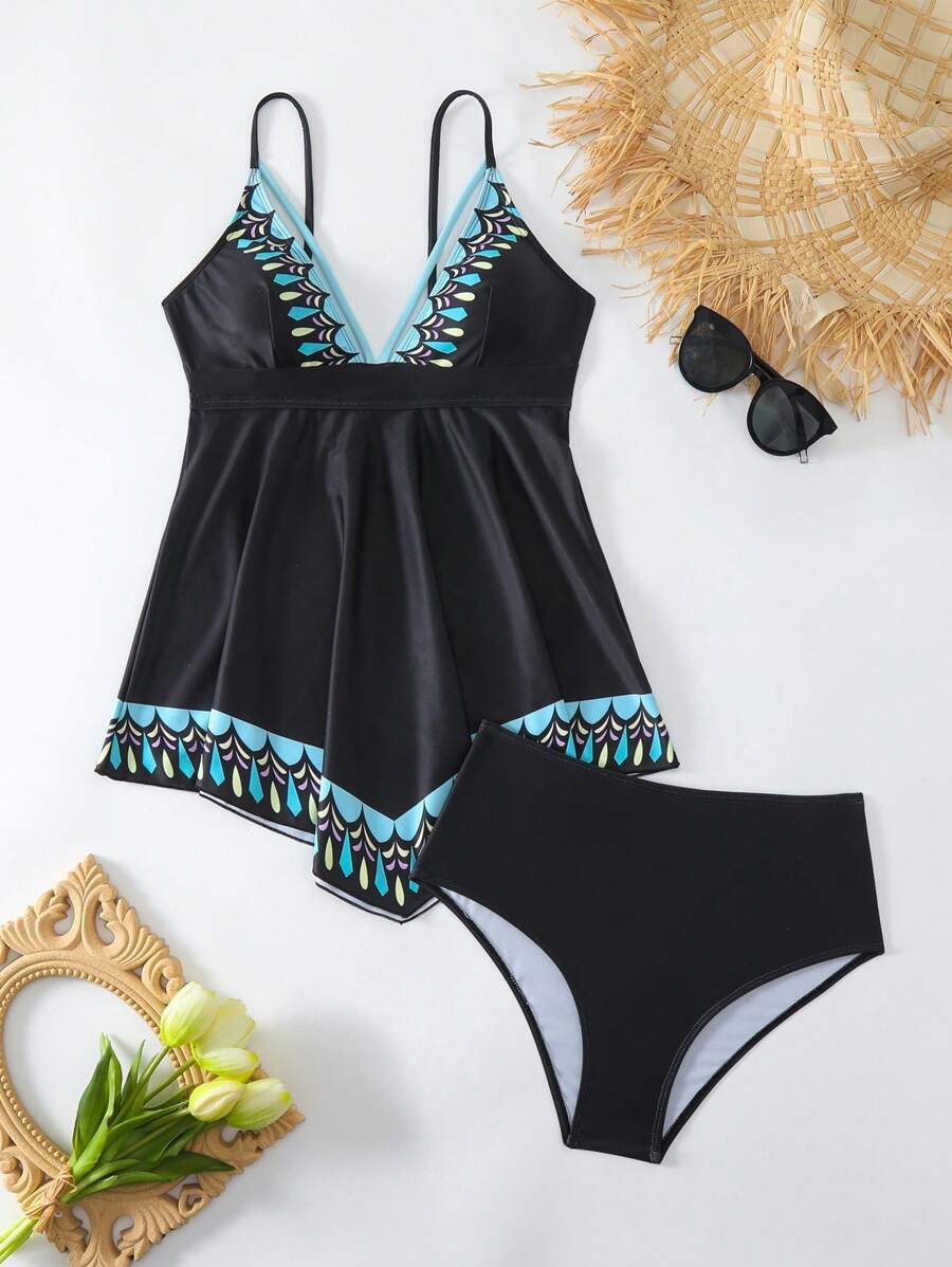 レディース 水着 ビキニセット 夏の女性用幾何学柄スパゲッティストラップタンキニ拍卖