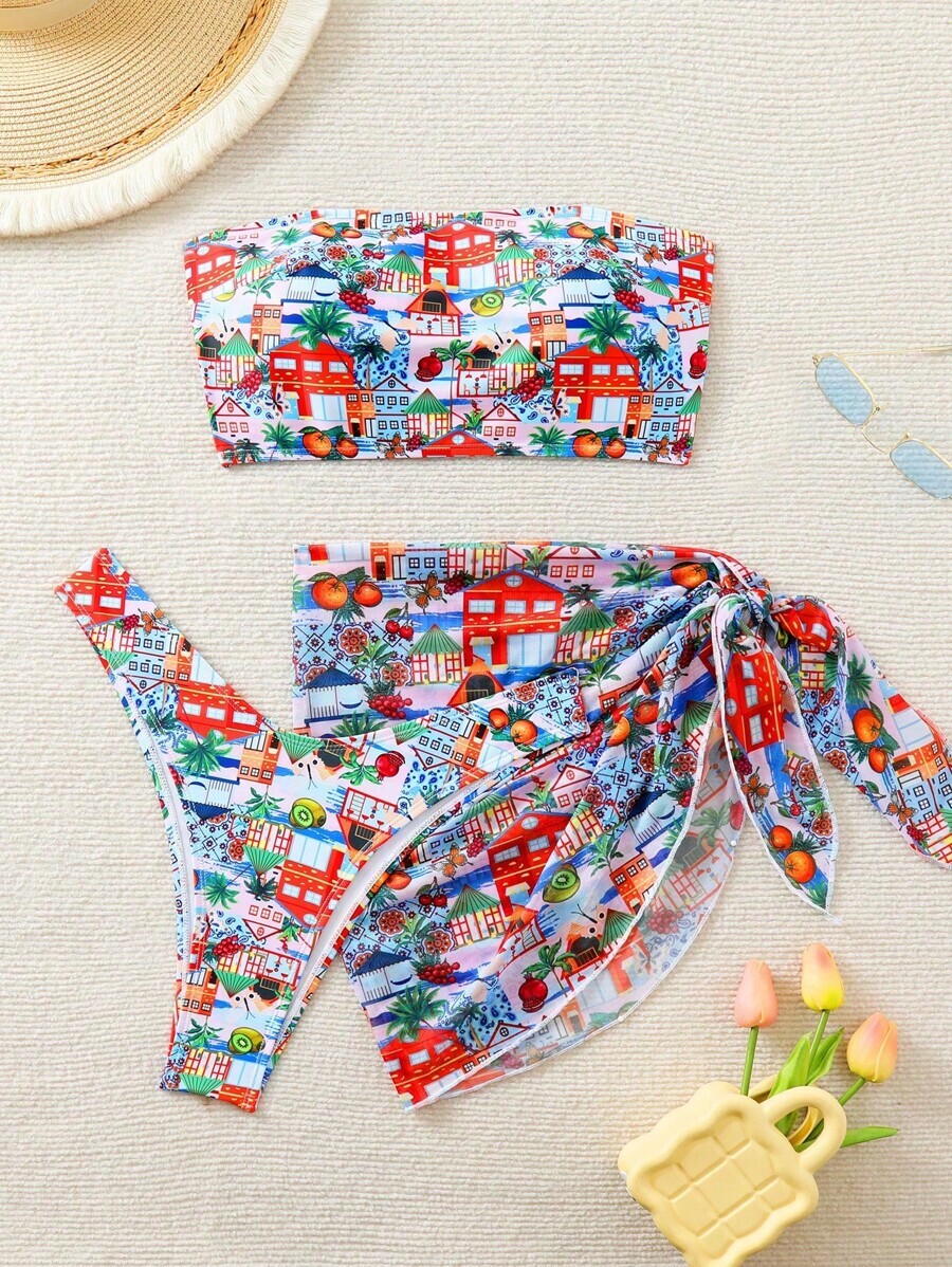レディース 水着 ビキニセット フルーツ&パームツリーのボヘミアンなトロピカルプリントの3点セット - バンドゥトップ、ハイカット拍卖