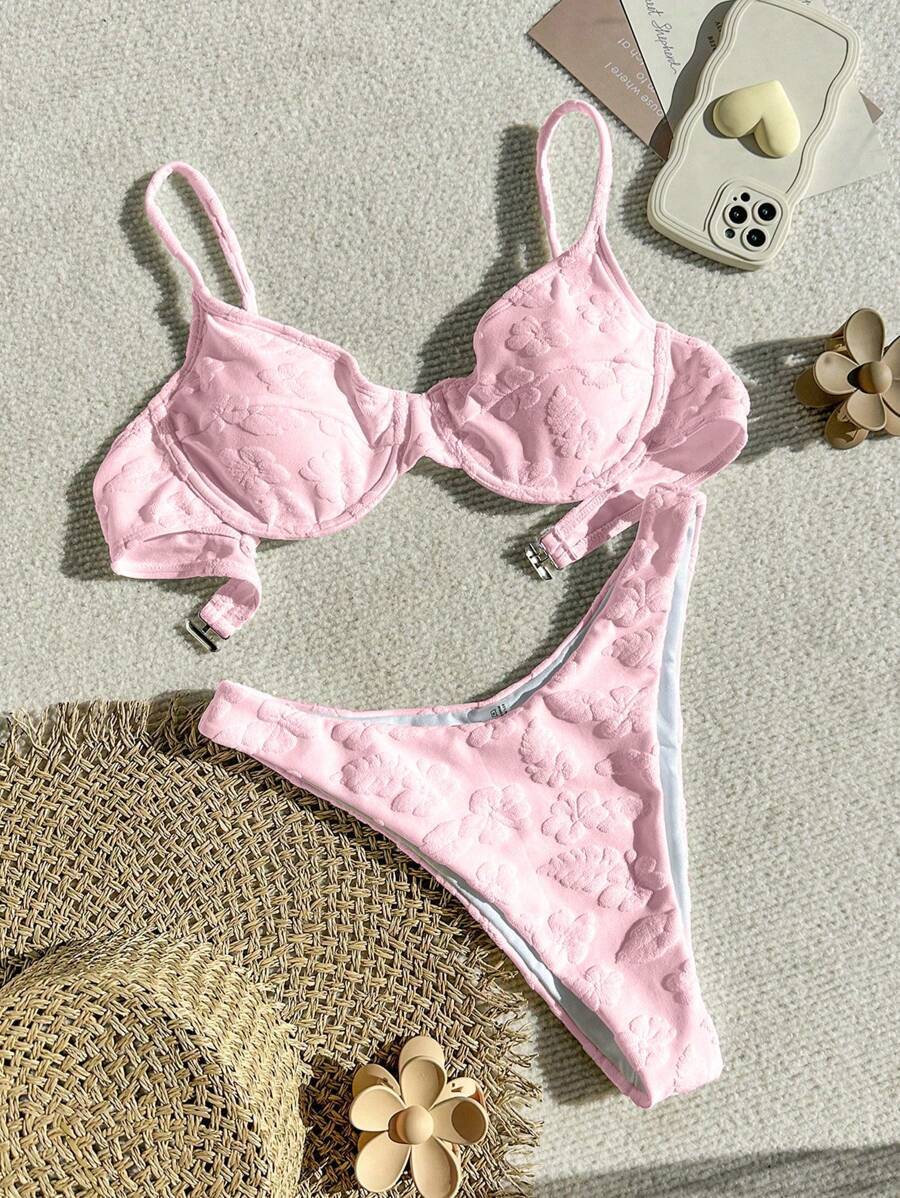 レディース 水着 ビキニセット 女性用 ソリッドカラー 花柄ジャカード水着セット、アンダーワイヤービキニセット、ビーチ用水着、夏休拍卖