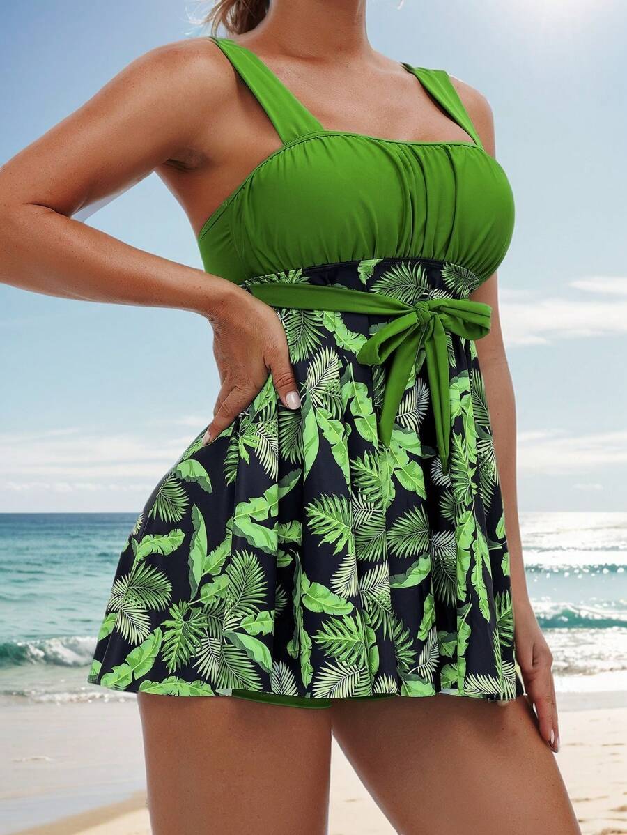 レディース 水着 ビキニセット 夏のビーチプリント ツイストキャミソールとソリッドカラーのボクサーパンツ水着 2点セット拍卖