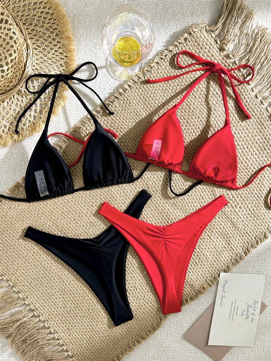 レディース 水着 ビキニセット レディース セクシー ビキニセット レッド&ブラック無地 ビーチ水着 ホルターネック拍卖