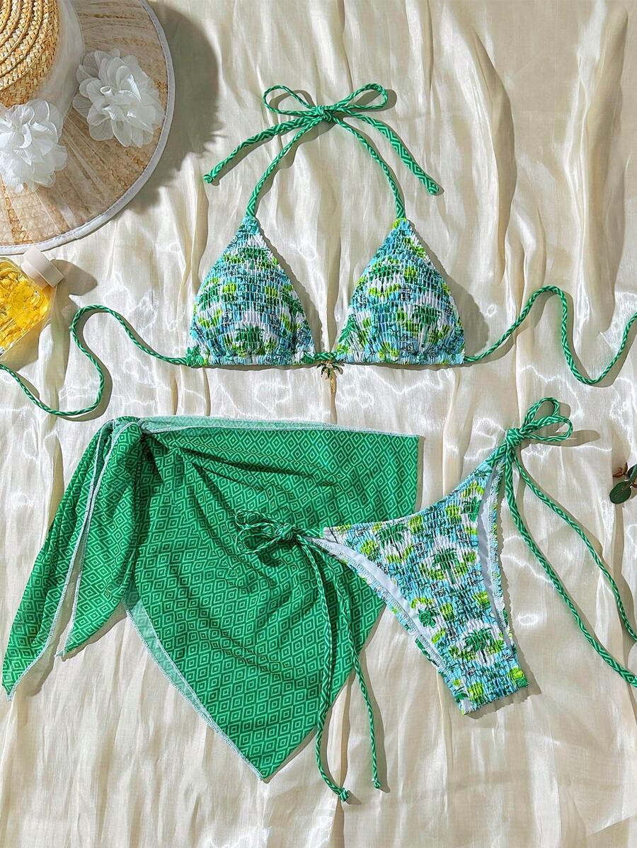 レディース 水着 ビキニセット 3ピース レディース夏ビーチウェアアウトフィット、ホルターブラ、パームツリー柄サイド レースアップ拍卖