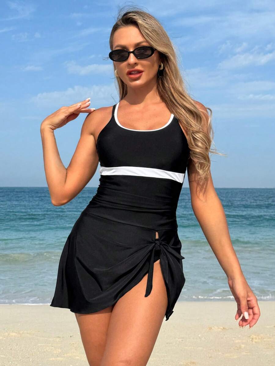 レディース 水着 ビキニセット レディース コントラストカラー リボンストラップ タンキニ水着拍卖