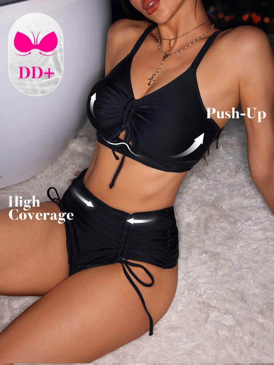 レディース 水着 ビキニセット + レディース 無地 ドローストリング ハイウエスト セクシー ビキニセット拍卖