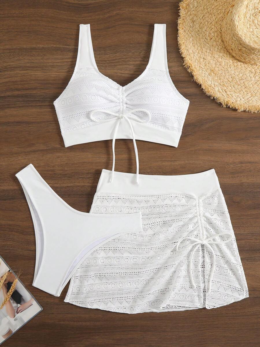 レディース 水着 ビキニセット 3点セット レディース 夏 ビーチバケーション アウトフィット - 白 無地 ノースリーブ トップ拍卖