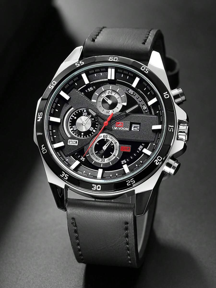 腕時計 メンズ クォーツ スポーツウォッチ メンズ、ブラックレザーストラップ、レジャー&パーティーウォッチ、ファッショナブルムーブ拍卖