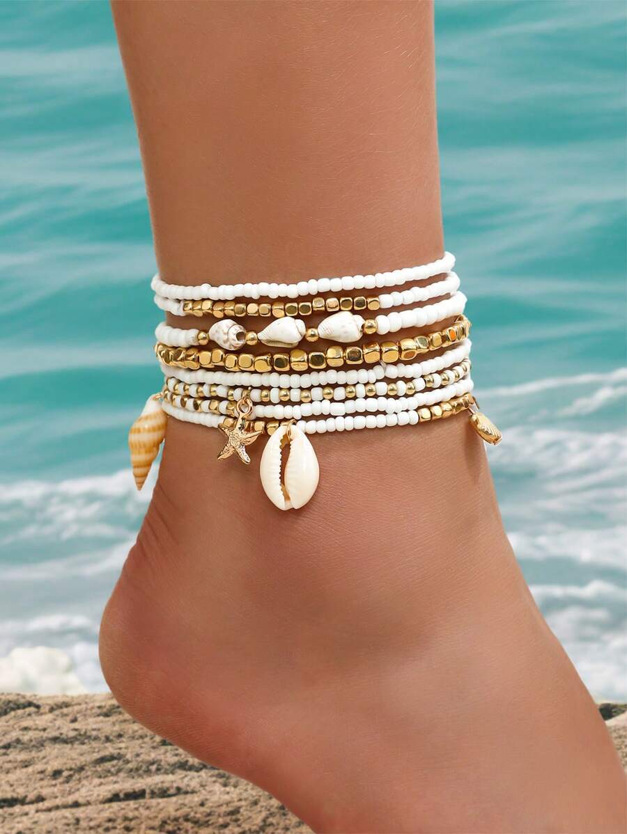 ジュエリー レディース フットアクセサリー ボヘミアンスタイル の 8個入り星魚編みのアンクレット、夏のビーチ用貝殻カウリービーズ拍卖