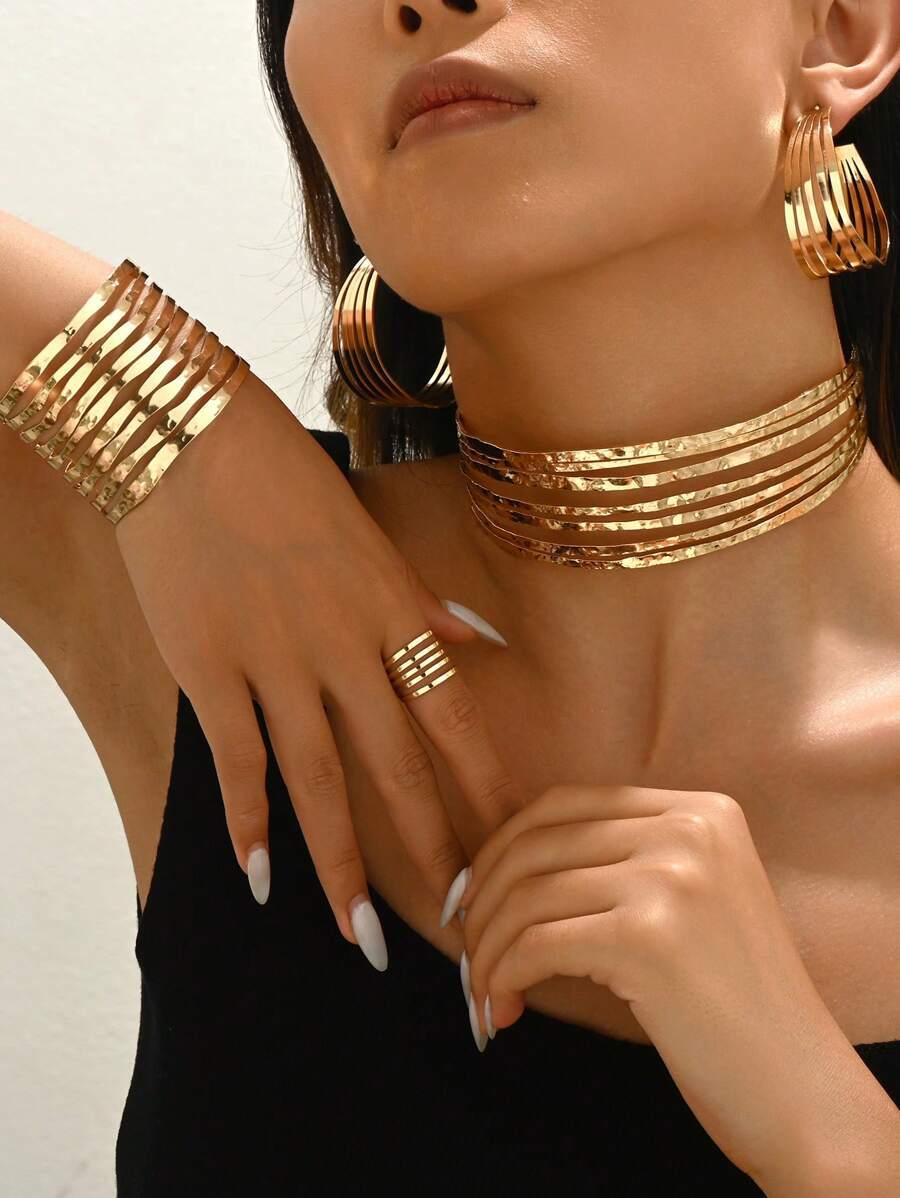 ジュエリー レディース セット シンプルなメタルワイヤー バングル ブレスレット、リング、ネックレス、ピアスのジュエリーセット、デ拍卖