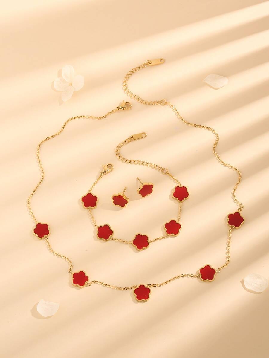 ジュエリー レディース セット 4点セット ステンレススチール植物&フェイクパール&5弁の花デコレーション ピアス、ブレスレット、拍卖