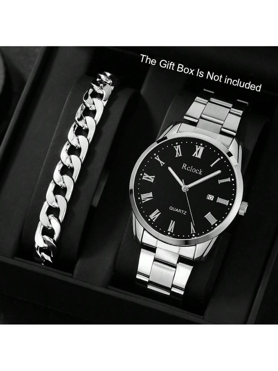 腕時計 メンズ セット ステンレス鋼 メンズ腕時計 ファッションカジュアル ローマ数字 クオーツ カレンダー ビジネス&ジュエリー拍卖