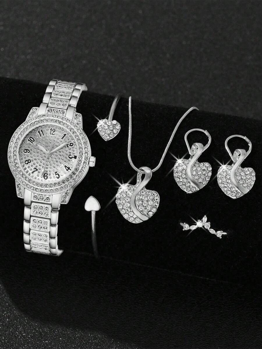 腕時計 レディース セット 6個セット シルバー レディース合金ストラップウォッチセット、高級クラシック デジタルスケール 円形ダ拍卖