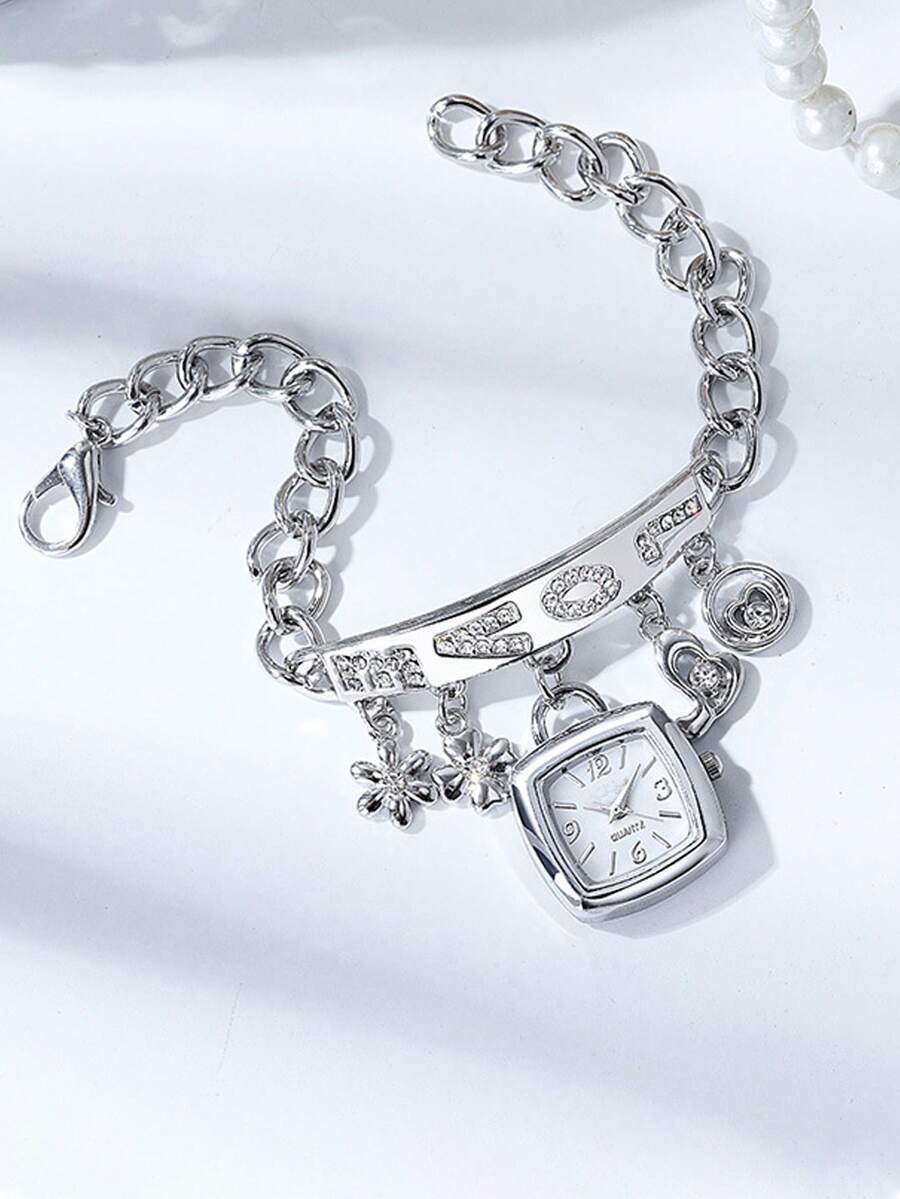 腕時計 レディース クォーツ 1セット ファッション合金ラインストーンペンダント&ブレスレット腕時計、ミニマリスト クォーツ腕時計拍卖