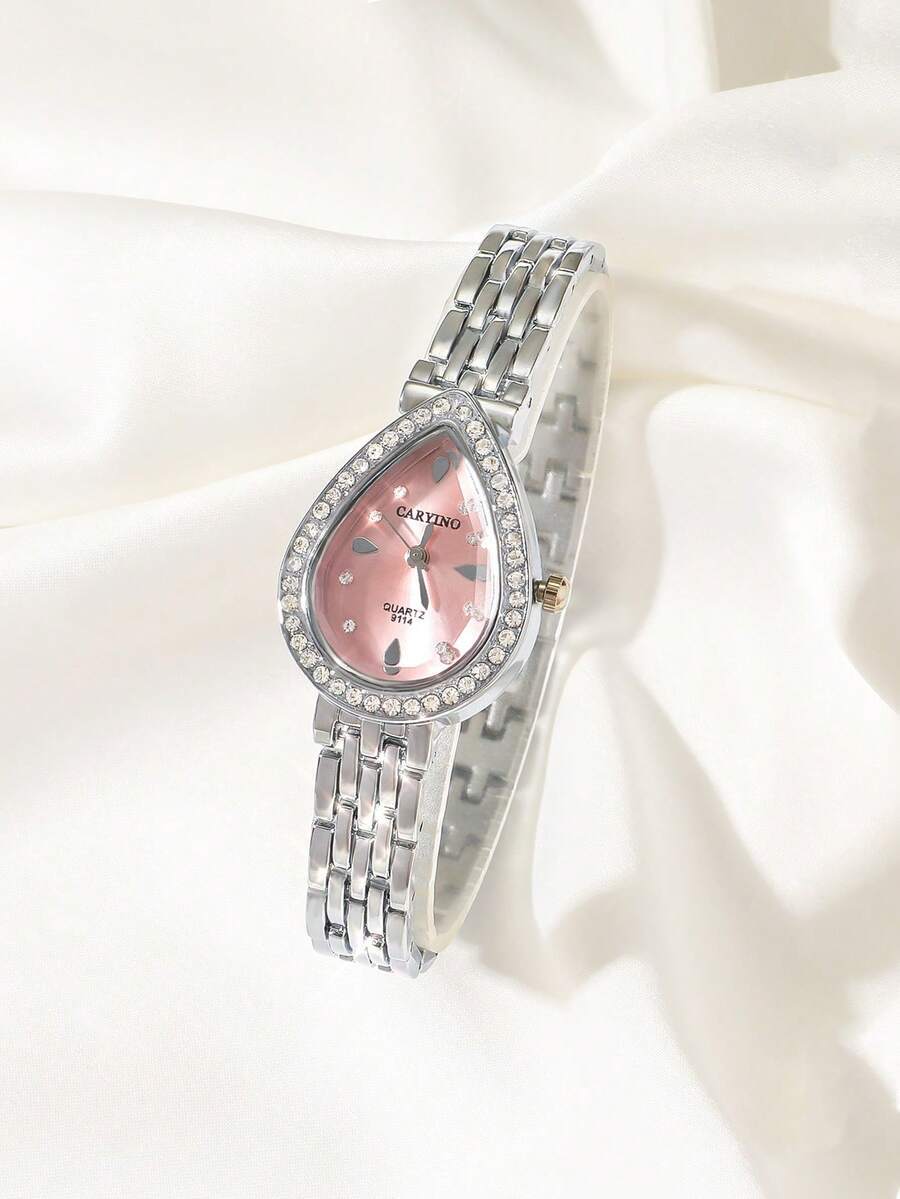 腕時計 レディース クォーツ 1個 レディース シルバーダイヤル ステンレスバンド腕時計、テアドロップダイヤル型、クラシックビジネ拍卖