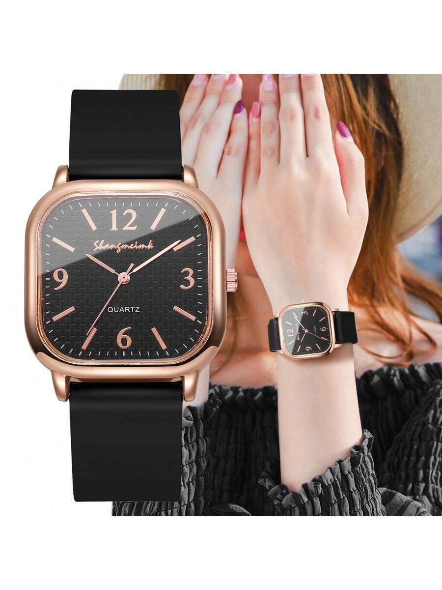 腕時計 レディース クォーツ 1個 レディース シリコンストラップ ファッションカジュアル 角型ダイアル 数字インデックス クォー拍卖