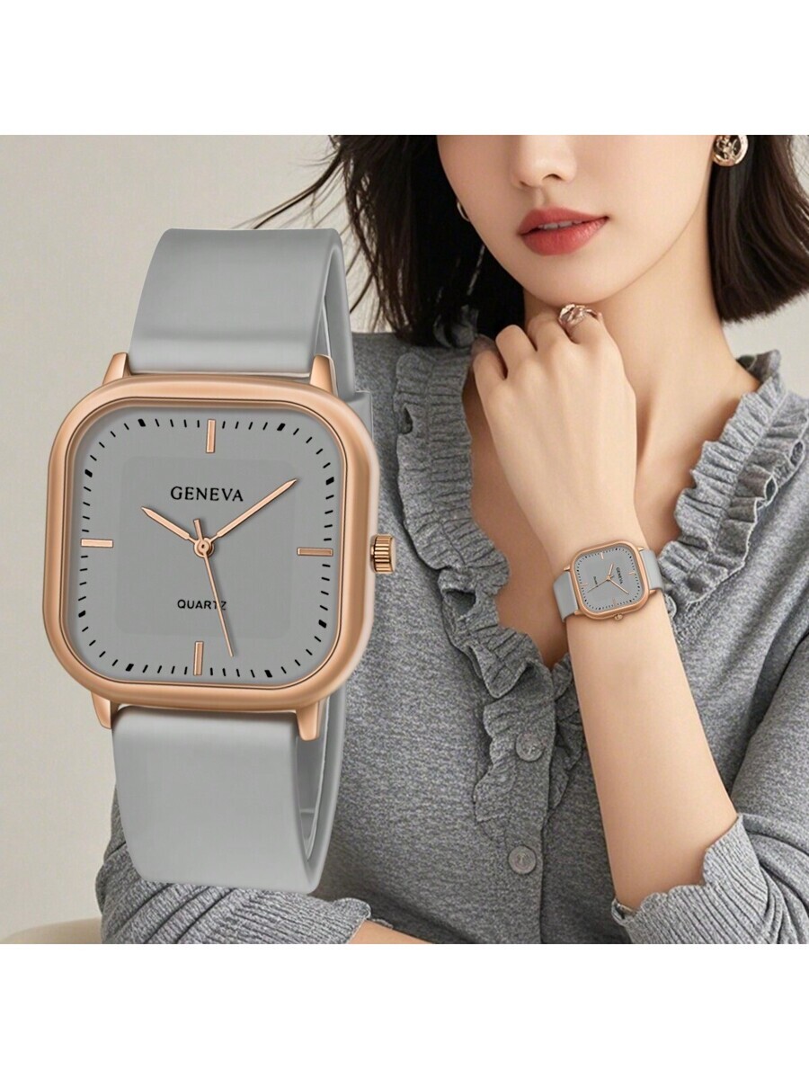 腕時計 レディース クォーツ 1個 ユニセックス スクエアケース シリコンストラップ ビジネス クォーツ腕時計、男女兼用拍卖