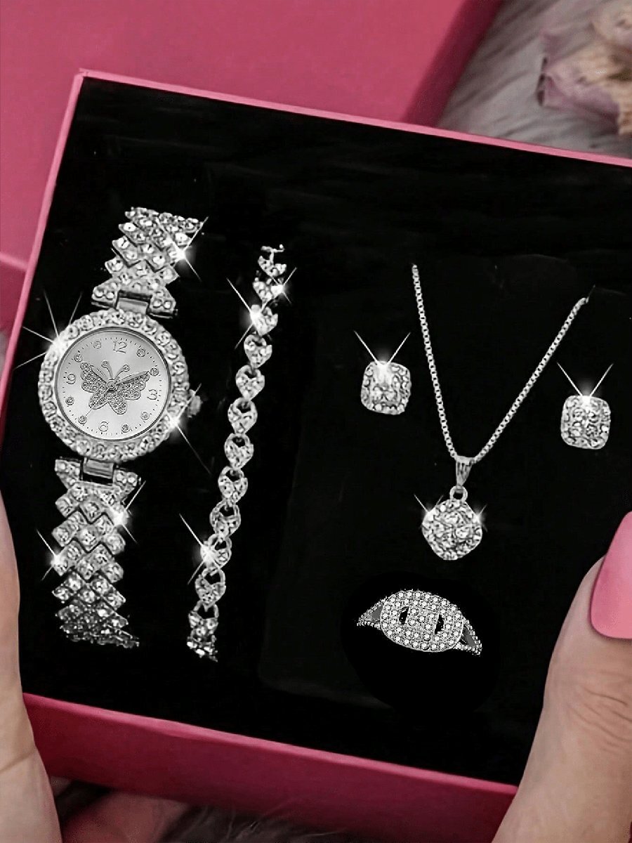 腕時計 レディース セット 女性用 シルバーストラップ ファッショナブルカジュアル ゴージャスな蝶ダイヤル 混合スケール クォーツ拍卖