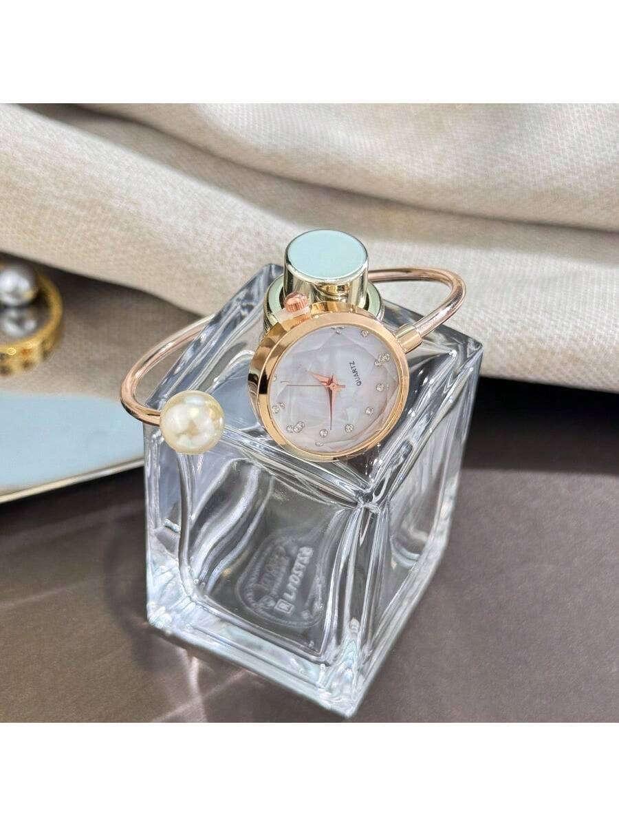 腕時計 レディース クォーツ 1個 女性用繊細なブレスレット付き腕時計、大きな真珠1個、ダイヤモンドカットのガラスクリスタルダイヤ拍卖