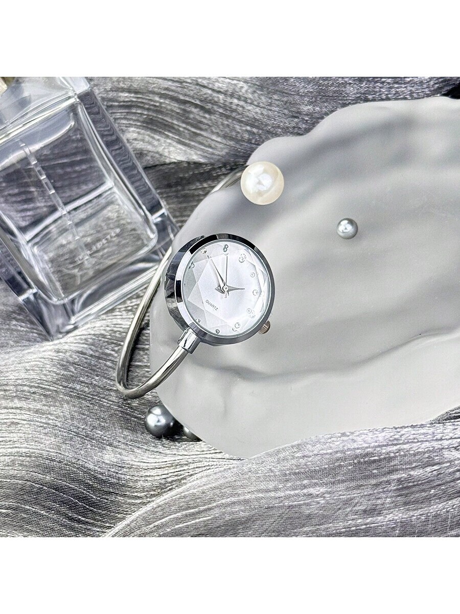 腕時計 レディース クォーツ 1個 女性用 スリムバングルウォッチ、1個 大型パール、ダイヤモンドカットダイアル、ラインストーン付拍卖