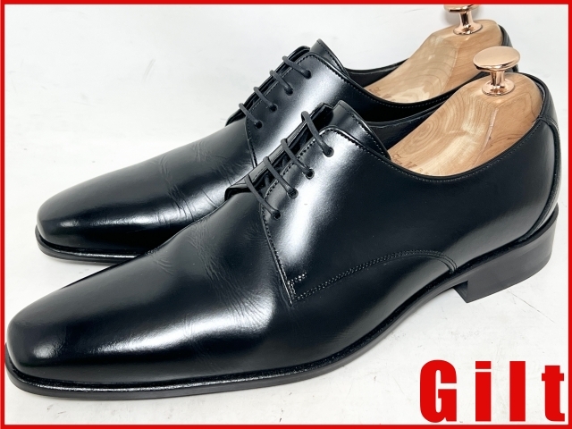 即決★美品 日本製 BENIR★25.5cm レザープレーントゥシューズ ベニル 黒 ブラック ウェンディング ドレス ロングノース 本革 革靴拍卖