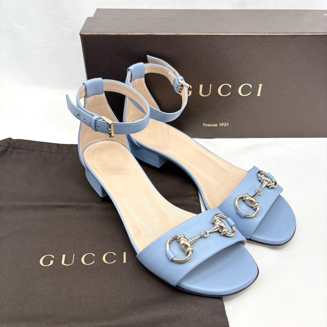 【美品】箱付き GUCCI グッチ ホースビット レザー サンダル ストラップ 金具 ゴールド ブルー 高級 ハイブランド 上品 大人 モード拍卖
