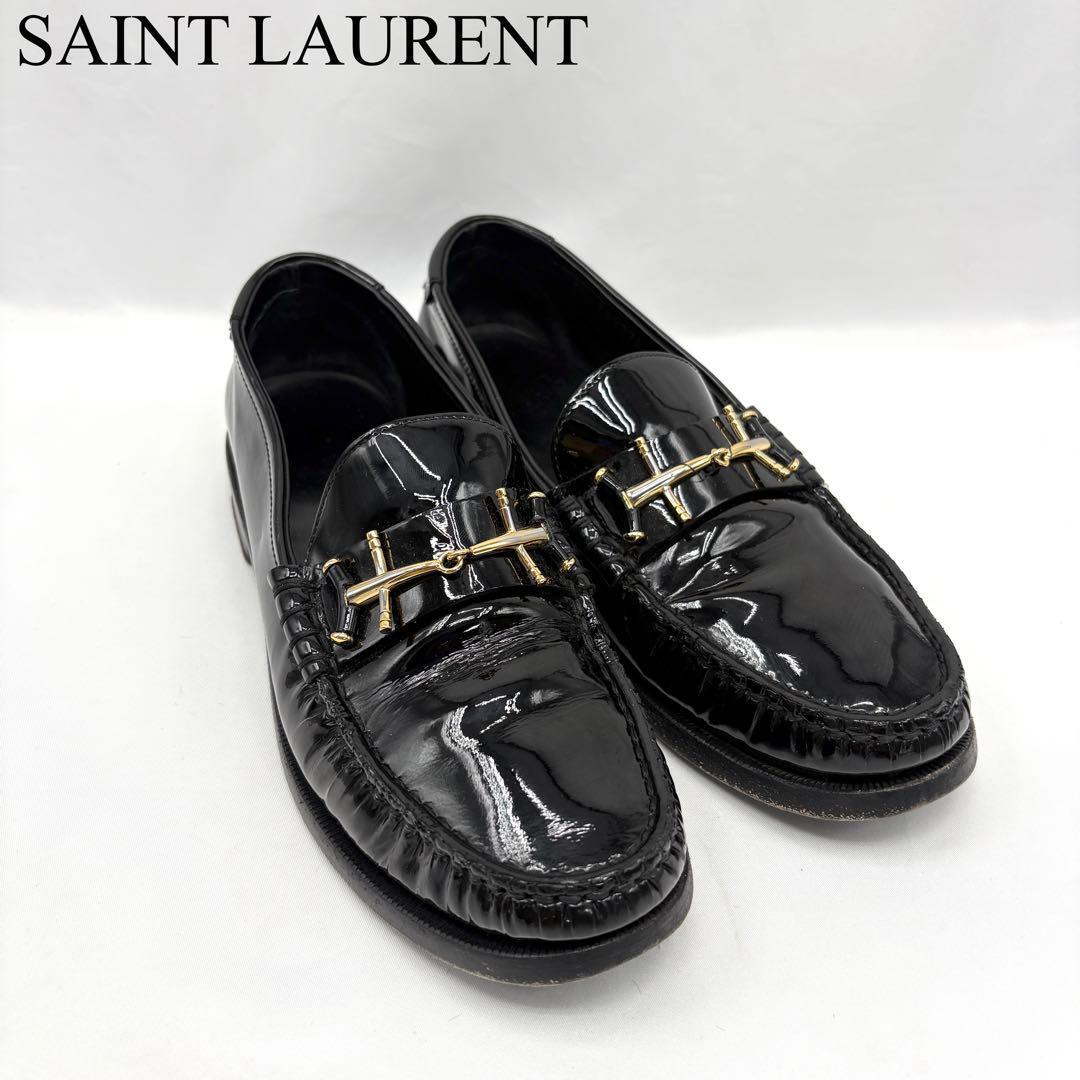 SAINT LAURENT サンローラン エナメル 金具 ビットローファー ロゴ レザー 高級 ハイブランド ブラック ゴールド 23.5cm拍卖