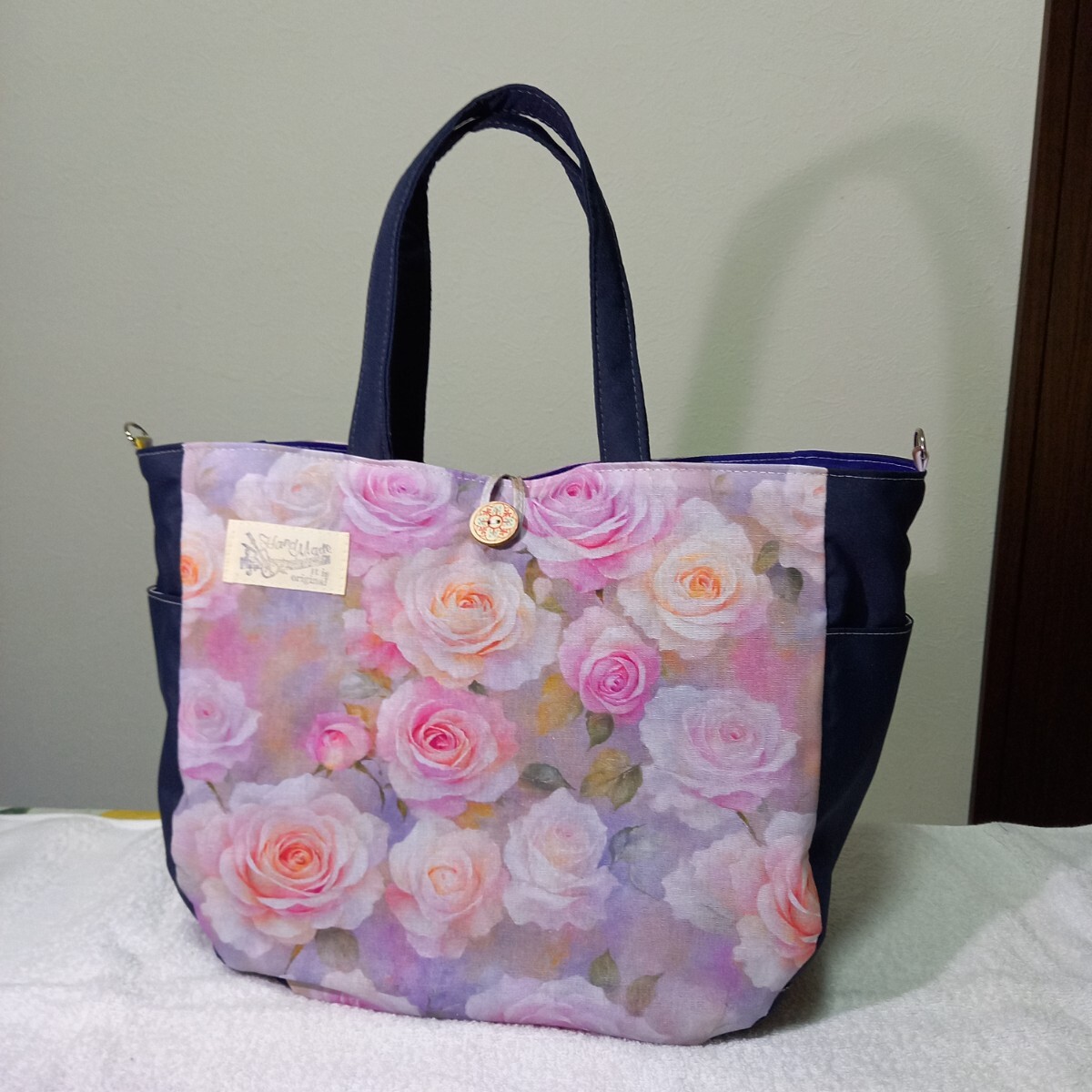 花 バラ 手提げトートバッグ2way Dカン付ショルダー可 サイドポケット ハンドメイド拍卖