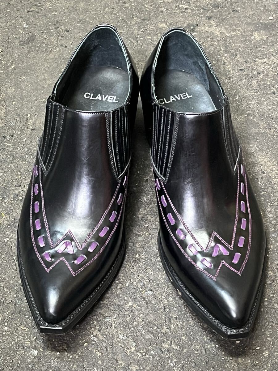 CLAVEL シューズ 8 ポインテッドトゥ ウェスタン スリッポン 黒 紫 ツートン 50s ロカビリー パンク ジョージコックス ドライボーンズ 拍卖