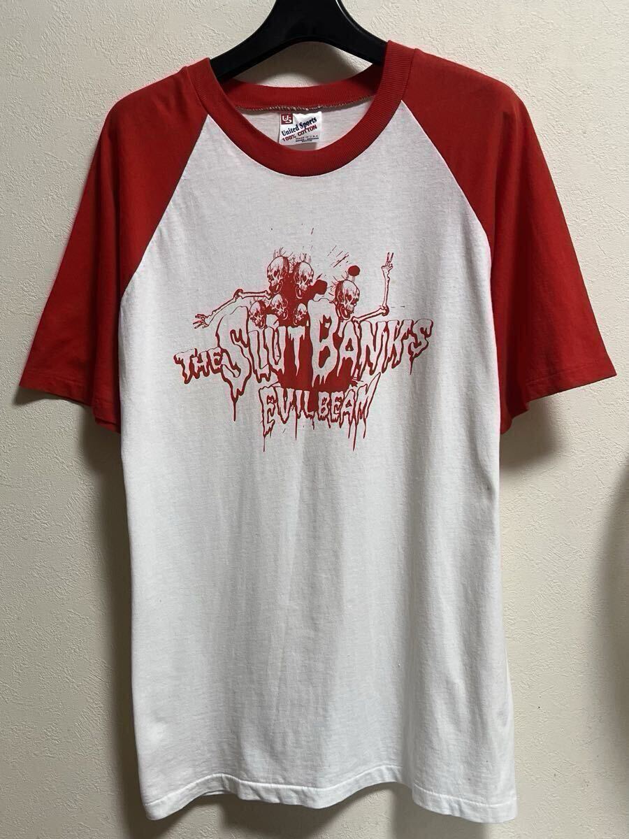 90s SLUT BANKS Tシャツ M EVIL BEAM アメリカ製 Hanes ラグラン ベースボール 赤白 スカル ヴィンテージ スラットバンクス ZI:KILL ZIGGY拍卖