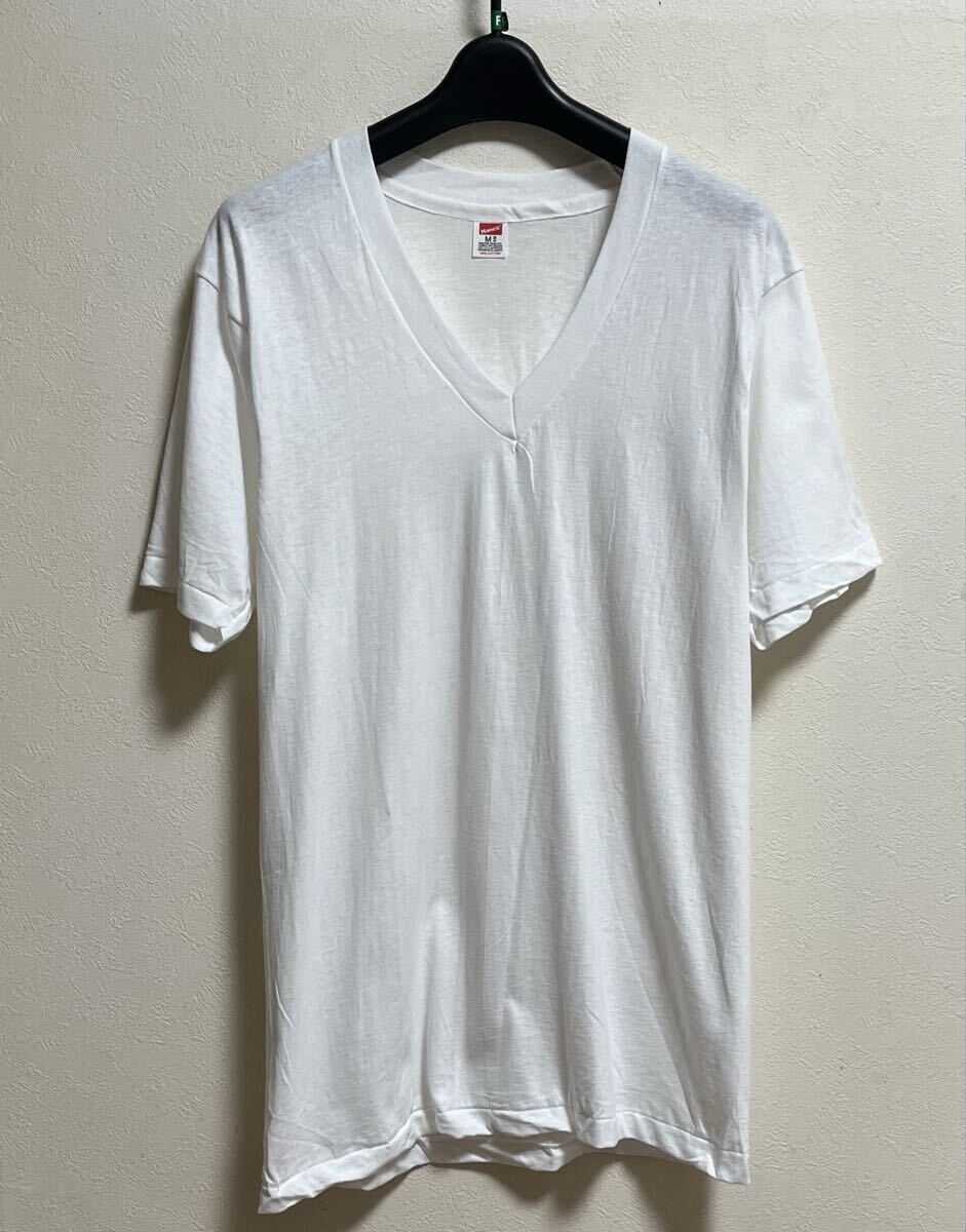 デッドストック 80s Hanes Tシャツ M 無地 白 ホワイト Vネック 裾シングル ヴィンテージ 50s 60s 70s 90s 新品 未使用 ヘインズ拍卖