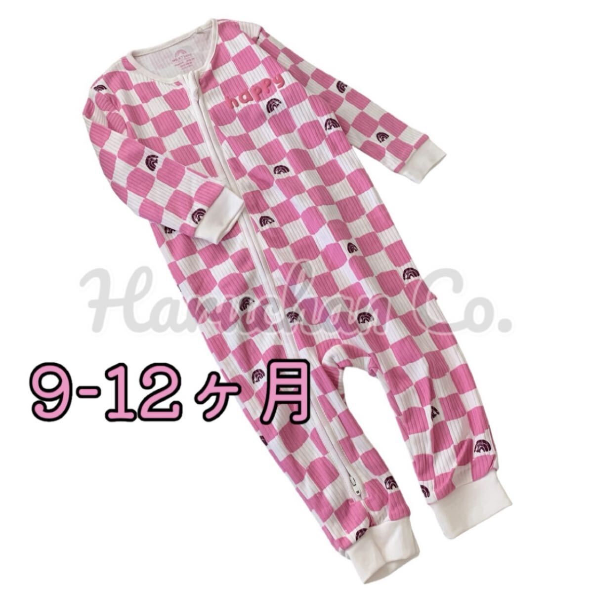●未使用●9-12ヶ月 ピンク 市松模様 レインボー ジップアップロンパース拍卖