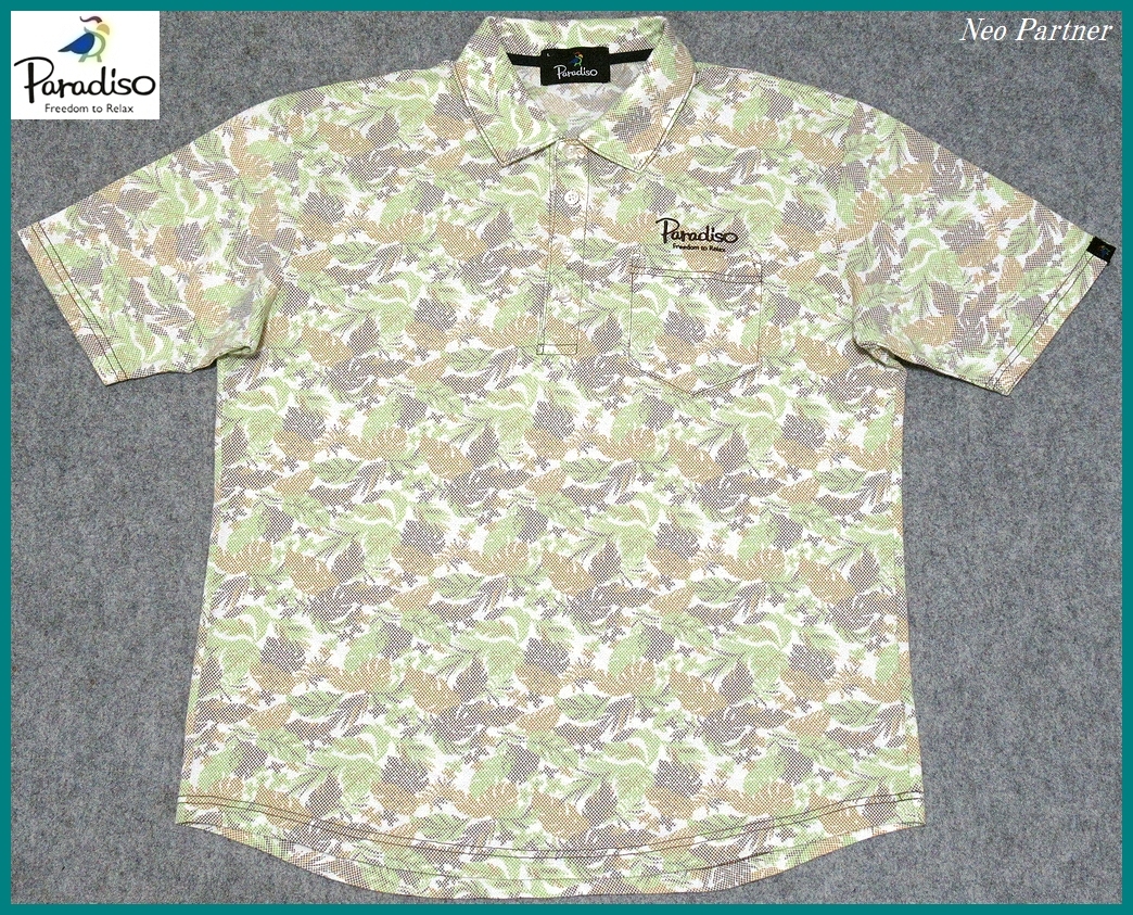 即決 極美品 Paradiso パラディーゾ ブリヂストン ゴルフ リーフ 総柄デザイン ロゴ刺繍 ストレッチ 半袖ポロシャツ L メンズ拍卖