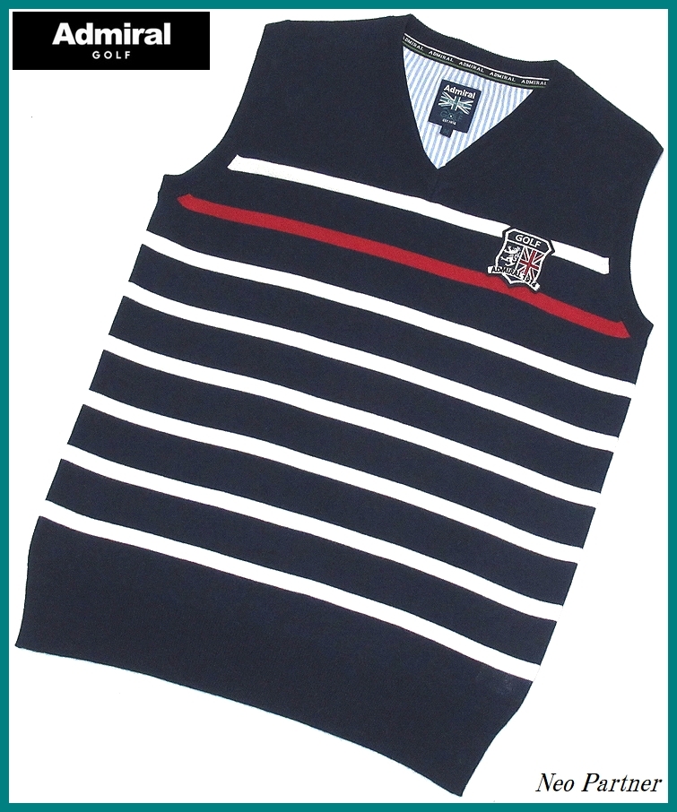 即決 極美品 Admiral GOLF アドミラルゴルフ トリコロールカラー ボーダー ロゴワッペン Vネック ニットベスト ネイビー M メンズ拍卖
