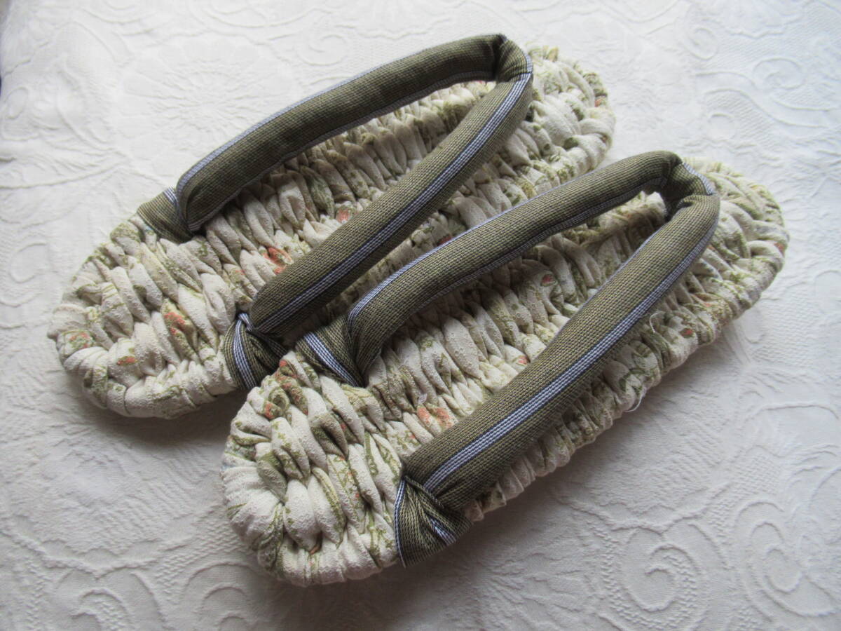 手作り 布草履 布ぞうり 淡いグリーン系地 同系の鼻緒 28cm拍卖