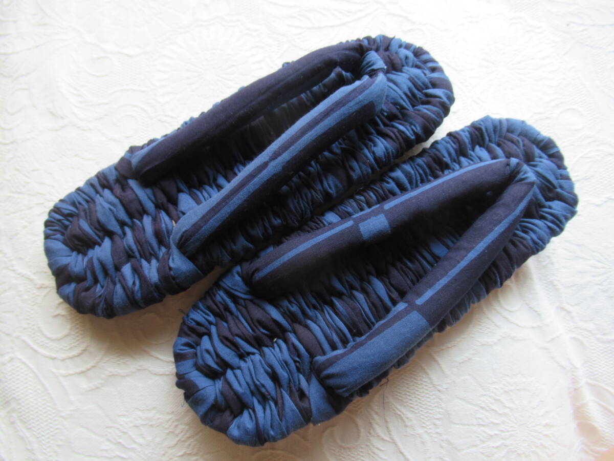 手作り 布草履 布ぞうり 濃紺青の浴衣地 共布の鼻緒 27cm拍卖