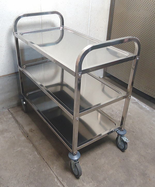 ★中古 税込 業務用 ステンレス製 360度回転キャスター付き 3段 キッチン ワゴン カート 作業台 配膳 運搬用 現状品 厨房用品 店舗用品拍卖