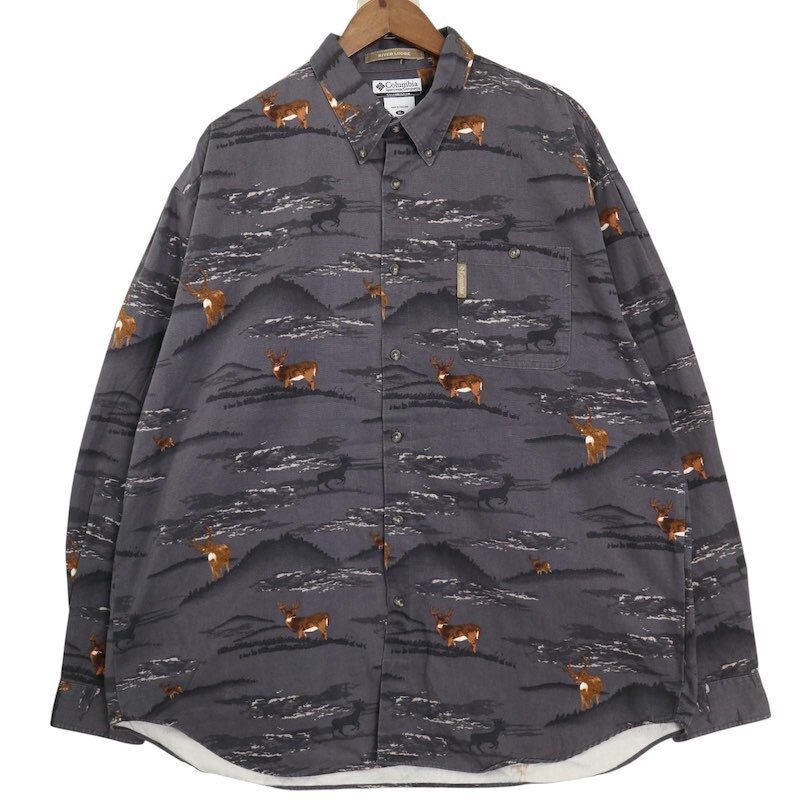 00's Columbia コロンビア 鹿総柄 長袖ボタンダウンシャツ メンズUS-XL グレー系 hsc-0805拍卖