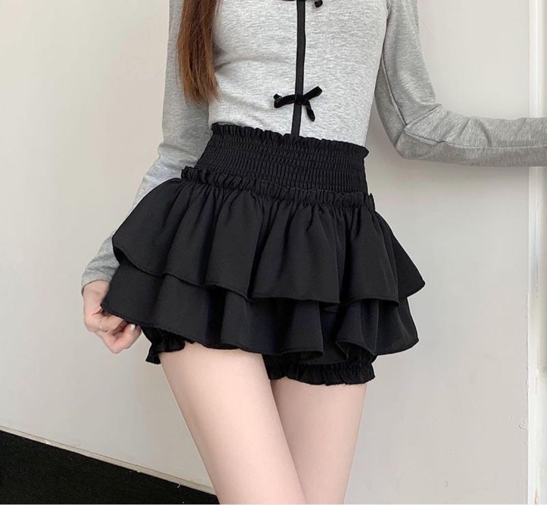 ミニ スカート フリル L黒 ハイウエスト インナーパンツ パニエ #0132拍卖