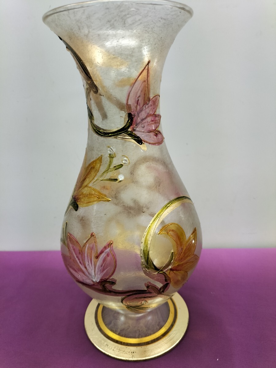 ボヘミアンガラス 金エナメル彩 ハンドペイント フラワーベース  花瓶  花入 作家サイン有り拍卖