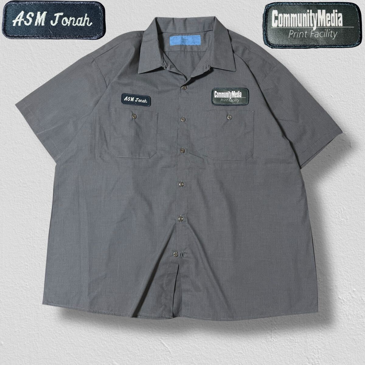 CINTAS 半袖ワークシャツ ワッペン Community mediaPrint Faclity ASM Jonah グレー系 2XL ●洗濯プレス済●ネコポス可● 古着/505拍卖