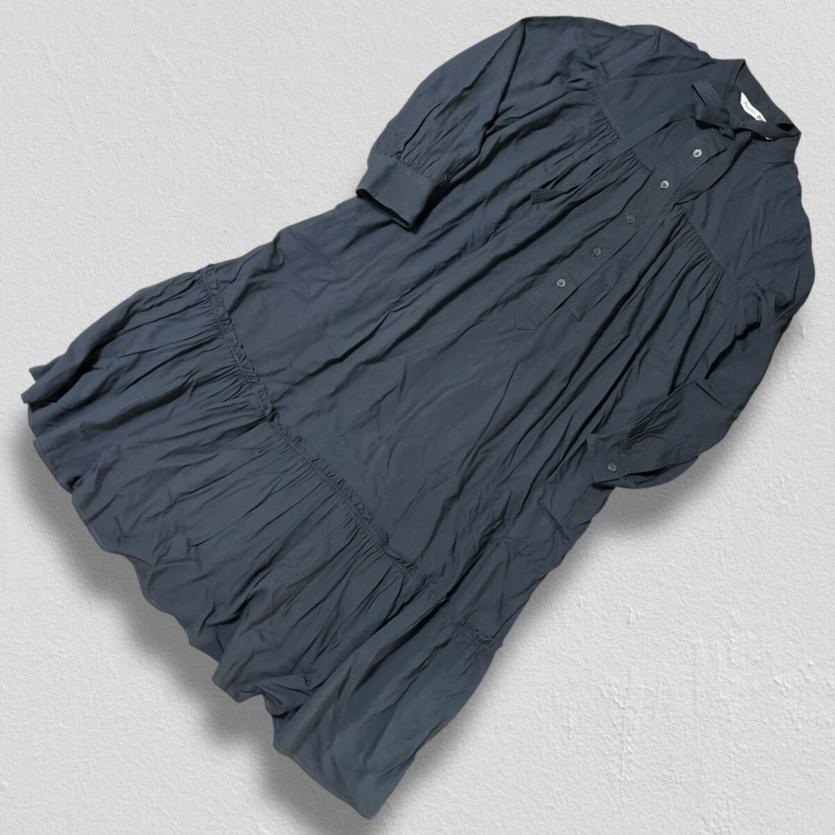 UNIQLO × JW ANDERSON バンドカラーリボンロングシャツワンピース ネイビー M ●洗濯プレス済● ユニクロ ワンピース ギャザー 古着/577拍卖