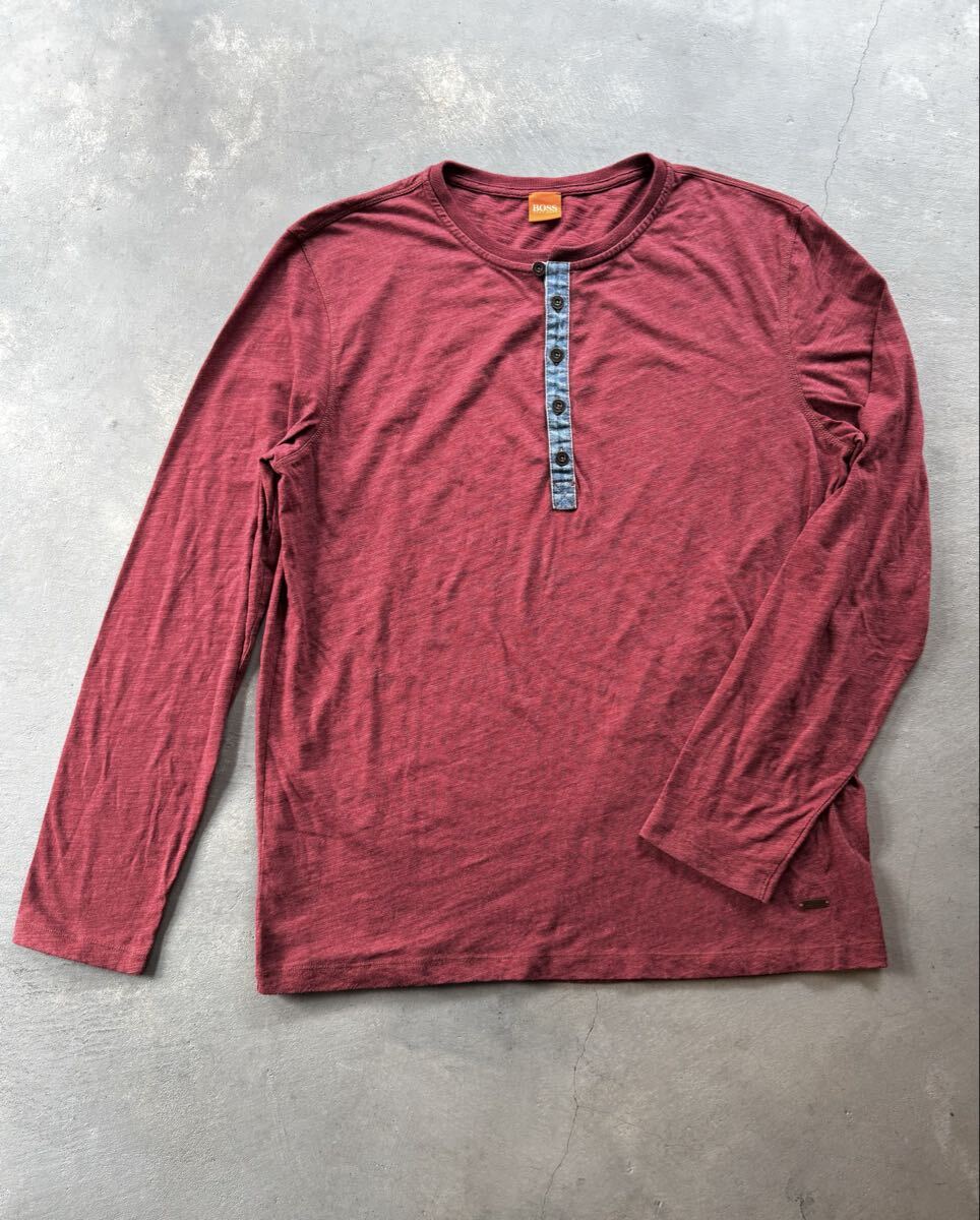 美品 HUGO BOSS ORANGE デニム 切替え ヘンリーネック カットソー XL バーガンディ インディゴ メタルボタン ヒューゴボス ボスオレンジ拍卖