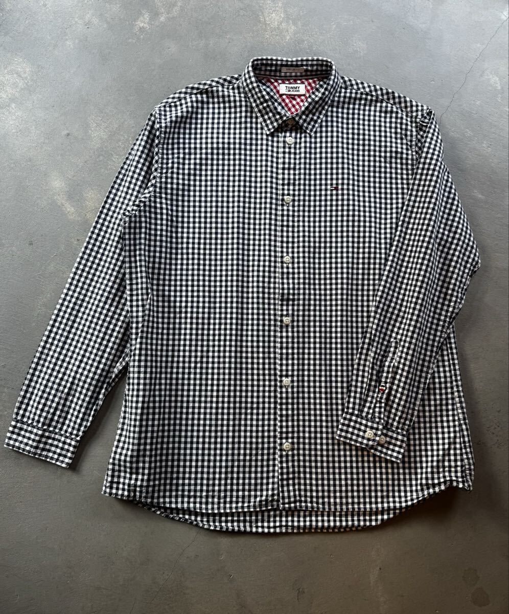 超 美品 希少 TOMMY JEANS 90s 00s ギンガムチェック オックスフォード シャツ XXL ネイビー ホワイト トミージーンズ ギンガム チェック拍卖
