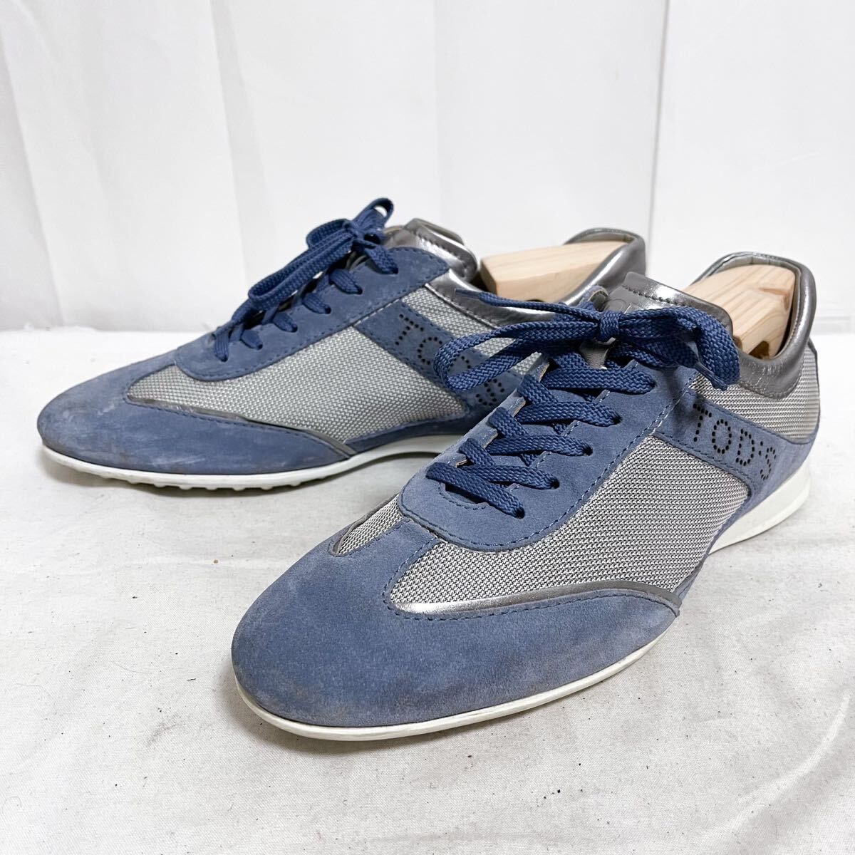 和813★ TOD'S トッズ スニーカー シューズ スエードレザー 切替 6 ブルー シルバー メンズ拍卖