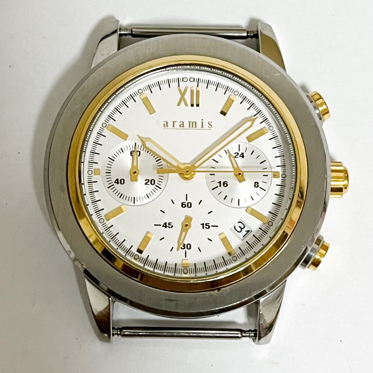 和822★ aramis アラミス クォーツ クロノグラフ 腕時計 ウォッチ 3針 日付 ホワイト シルバー ゴールド メンズ拍卖