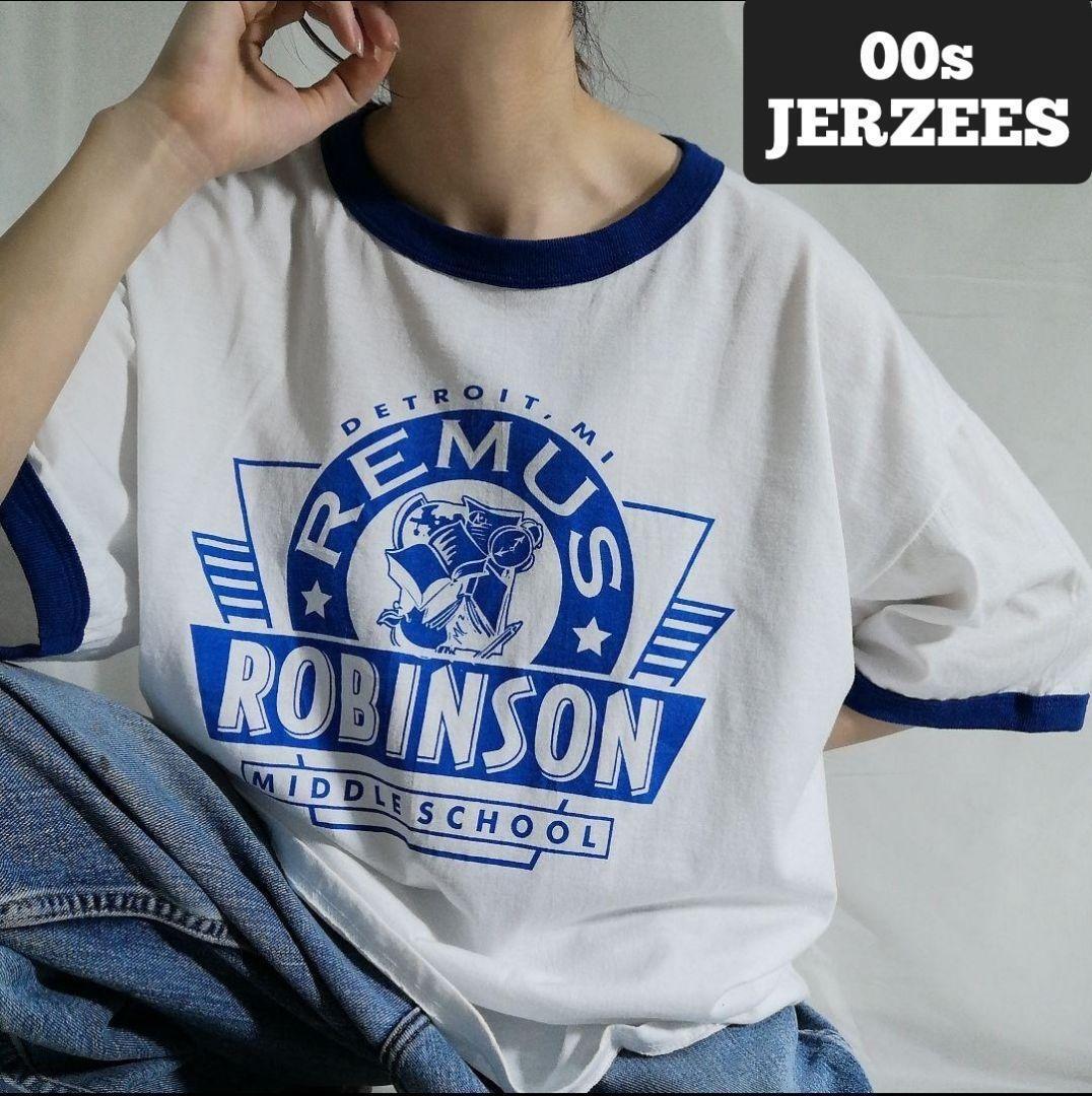 00s JERZEES ジャージーズ リンガーT プリントTシャツ ミドルスクール ビッグロゴ ホワイト×ブルー メンズ XL USA 古着 1681拍卖