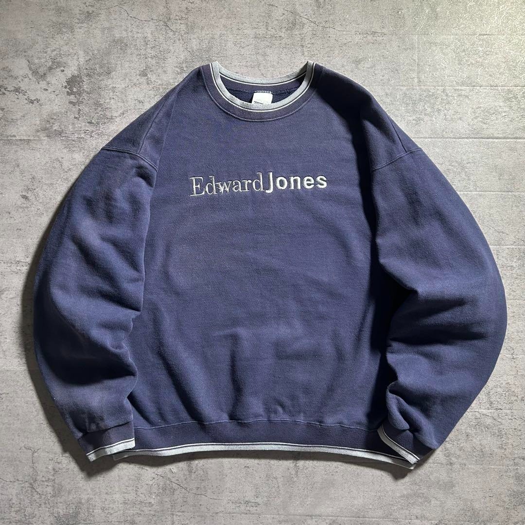 USA 古着 90s 00s COTTON DELUXE 刺繍 スウェット トレーナー EdwardJones 企業 フェード ネイビー 紺 L ヴィンテージ / 3090拍卖