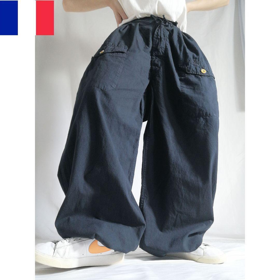 美品 フランス軍 タイプ 50s スノーカモパンツ ワイド バルーンパンツ ミリタリー 軍パン 黒 ブラック 裾ドローコード拍卖