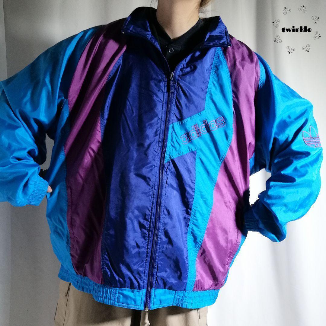 adidas アディダス ナイロンジャケット ブルゾン トレフォイル 刺繍ロゴ マルチカラー 80s 90s 古着 メンズ 2XL 銀タグ 大きいサイズ A2669拍卖