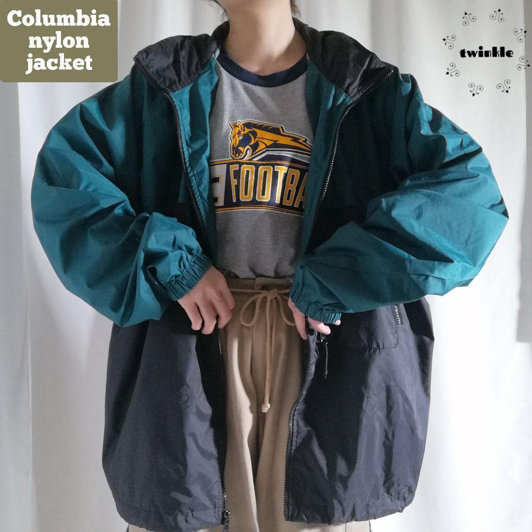 00s Columbia コロンビア ナイロン ジャケット アウトドア マウンテンジャケット 刺繍ロゴ パッカブル メンズ XL 青緑×黒 ツートン 2417拍卖
